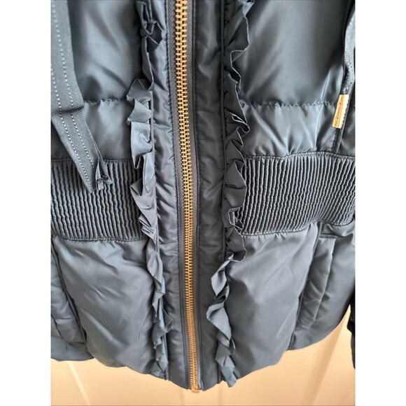 EUC Juicy Couture Teal Blue Quilted Hooded Puffer Down Filled Ruffle Jacket Med - Picture 3 of 13